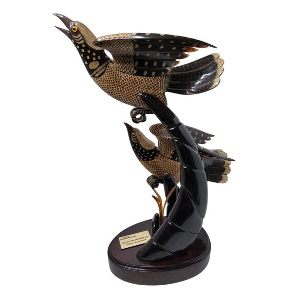 Vintage Hainan Natural Hand Carved Sculpted Twin Bird On A Log Of Ox Horn - Picture 6 of 9